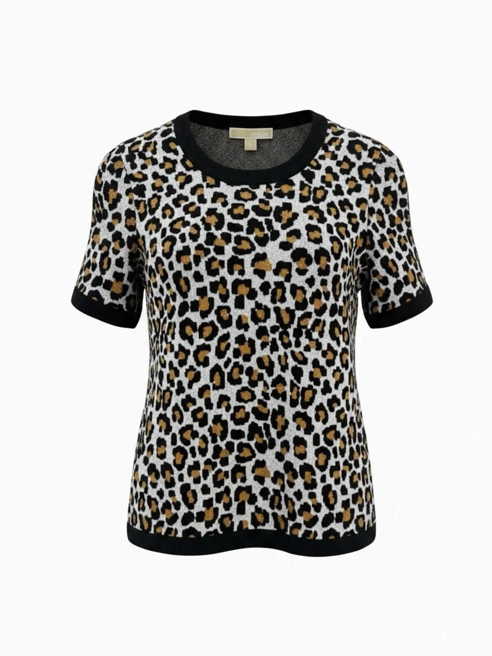 Michael Kors Leopard Print Short knit Sleeve Top - Black, Tan